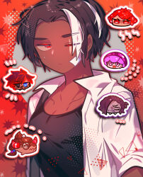  ... 1girl 1other 4boys ;( absurdres arms_at_sides black_hair border chestnut_mouth chibi chibi_inset closed_mouth collarbone collared_jacket colored_eyelashes commentary_request cookie_run cookie_run:_kingdom curtained_hair dark-skinned_female dark-skinned_male dark_choco_cookie dark_skin dot_mouth eyes_visible_through_hair frown glasses grey_background hair_behind_ear halftone halftone_background highres humanization inverted_eyelashes jacket licorice_cookie looking_at_viewer multicolored_hair multiple_boys omoyu_(nakyu715) one_eye_closed open_clothes open_jacket outline outside_border pectorals poison_mushroom_cookie pomegranate_cookie rectangular_eyewear red_border red_eyes red_outline red_velvet_cookie round_border saturated schwarzwalder_(cookie_run) semi-rimless_eyewear short-sleeved_jacket short_hair short_sleeves sidelocks simple_background streaked_hair sweatdrop thick_eyebrows two-tone_hair under-rim_eyewear upper_body v-shaped_eyebrows white_jacket white_outline white_streaks 