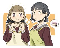  >:) 3girls 524ryo ahoge anyoji_hime apron black_hair black_ribbon blush border braid bright_pupils brown_dress brown_hair center-flap_bangs commentary cropped_torso dress expressionless green_apron green_eyes hair_ribbon hasu_no_shousankaku hasu_no_sora_school_uniform highres kachimachi_kosuzu link!_like!_love_live! long_hair long_sleeves love_live! low_ponytail low_twintails momose_ginko multi-tied_hair multiple_girls neckerchief orange_background outline pink_eyes pink_hair ponytail ribbon sailor_collar sailor_dress school_uniform short_ponytail side_braids simple_background spoken_character twintails untranslatable_commentary upper_body v-shaped_eyebrows virtual_youtuber white_border white_outline white_pupils white_sailor_collar winter_uniform yellow_apron yellow_neckerchief 