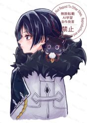 1boy aiguillette animalization black_cat black_hair blunt_ends bright_pupils cat closed_mouth coat commentary_request cropped_torso eyelashes eyeliner fatui_coat feathers from_side fur-trimmed_coat fur_trim genshin_impact highres izu_114514 lapels makeup male_focus person_and_animalization pom_pom_(clothes) profile red_eyeliner scaramouche_(cat)_(genshin_impact) scaramouche_(genshin_impact) solo string twitter_username violet_eyes watermark watermark_grid white_background white_coat white_pupils yellow_feathers 
