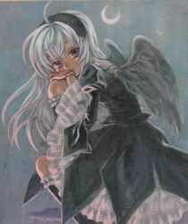  1girl acrylic_paint_(medium) ahoge ama-tou black_dress commentary_request crescent_moon doll_joints dress hairband head_rest highres joints light_smile lolita_fashion long_hair looking_at_viewer moon painting_(medium) rozen_maiden solo suigintou traditional_media violet_eyes white_hair wings 