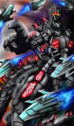 claws commentary_request crossover cyborg fin_funnels funnels_(gundam) giant glowing glowing_eyes godzilla_(series) godzilla_against_mechagodzilla gundam gundam_suisei_no_majo hanuma_(19841996) highres horns kaiju kiryu_(godzilla) mecha mecha_focus mechagodzilla no_humans robot science_fiction single_horn tail weapon yellow_eyes 