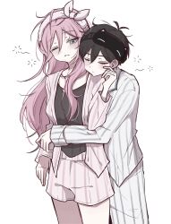  1boy 1girl alternate_costume antenna_hair aubrey_(faraway)_(omori) aubrey_(omori) blue_eyes cheek_pinching closed_eyes closed_mouth commentary double-parted_bangs hair_between_eyes hairband highres hug hug_from_behind long_hair long_sleeves looking_at_another mask mask_on_head omori one_eye_closed pajamas pants parted_lips pinching pink_hair pink_hairband short_hair shorts sidelocks simple_background sleep_mask striped_clothes striped_pajamas striped_pants striped_shorts sunny_(omori) vertical-striped_clothes vertical-striped_pajamas vertical-striped_pants vertical-striped_shorts white_background wktdms1 
