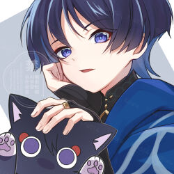  1boy animalization armor black_bodysuit black_cat black_hair blue_cape blue_pupils blunt_ends bodysuit cape cat choppy_bangs commentary_request eyeliner fingernails genshin_impact gold_ring hand_on_own_face hands_up headpat highres izu_114514 japanese_armor kote kurokote looking_at_viewer makeup male_focus mandarin_collar middle_ring monochrome_background open_mouth person_and_animalization red_eyeliner scaramouche_(cat)_(genshin_impact) scaramouche_(genshin_impact) side_cape solo tsurime twitter_username violet_eyes wanderer_(genshin_impact) watermark watermark_grid white_trim 
