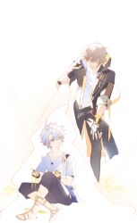  2boys aged_down ancient_greek_clothes antenna_hair backlighting black_gloves black_jacket black_pants blue_eyes blue_sash blue_shirt caelus_(honkai:_star_rail) child closed_eyes collarbone commentary_request crossed_bangs feet_out_of_frame fingerless_gloves fingernails full_body gladiator_sandals gloves gold_sandals greco-roman_clothes grey_hair hair_between_eyes hand_up hands_up himation holding honkai:_star_rail honkai_(series) hood hooded_jacket jacket lapels looking_at_another looking_up male_focus multiple_boys neck_tattoo official_alternate_costume open_clothes open_jacket pants phainon_(a_dream_scented_in_wheat)_(honkai:_star_rail) phainon_(honkai:_star_rail) sandals sash shirt short_hair short_sleeves simple_background sitting smile standing sun_symbol sun_tattoo t-shirt tassel tattoo teeth trailblazer_(honkai:_star_rail) two-sided_fabric two-sided_jacket weeds white_background white_shirt yellow_jacket yellow_pupils yomi4310 