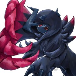  absol animal_focus asymmetrical_horns black_fur body_fur bright_pupils claws fangs hair_over_one_eye highres horns i_my_mo55 looking_at_viewer mega_absol_z mega_pokemon no_humans one_eye_covered open_mouth pokemon pokemon_(creature) pokemon_focus red_eyes red_wings simple_background solo teeth uneven_horns white_background white_pupils wings 