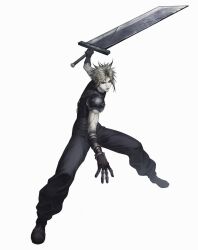  1boy armor belt black_boots black_gloves black_pants black_shirt blonde_hair boots brown_belt buster_sword closed_mouth cloud_strife commentary fighting_stance final_fantasy final_fantasy_vii final_fantasy_vii_remake full_body gloves holding holding_sword holding_weapon jeck male_focus multiple_belts pants parted_bangs pauldrons shirt short_hair shoulder_armor single_pauldron solo spiky_hair suspenders sword toned toned_male weapon white_background 