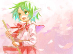 1girl ama-tou broom commentary_request green_eyes green_hair holding holding_broom looking_to_the_side multi_(to_heart) open_mouth red_sailor_collar red_skirt robot_ears sailor_collar school_uniform serafuku short_hair skirt solo to_heart to_heart_(series) wind 