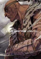  1boy 2026 bald bandaged_arm bandages black_headband blank_eyes broad_shoulders closed_mouth english_text evolution_championship_series from_side frown hankuri headband male_focus muscular muscular_male sagat solo street_fighter street_fighter_6 upper_body vest wind 