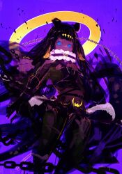  1girl absurdres black_bodysuit blue_eyes bodysuit chain colored_skin commentary english_commentary gradient_hair hairband halo highres hololive hololive_english long_hair looking_at_viewer multicolored_hair ninomae_ina'nis orange_hair purple_hair purple_skin takodachi_(ninomae_ina'nis) tentacle_hair tentacles virtual_youtuber yellow_hairband yellow_halo yto9 