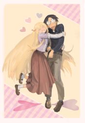  >_< 1boy 1girl :i blonde_hair blush brown_shoes brown_skirt collared_shirt couple english_commentary fang genshiken glasses heart hetero hug long_shirt long_skirt madarame_harunobu mary_janes opaque_glasses open_mouth shiny076 shirt shoes skirt susanna_hopkins 
