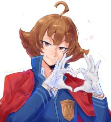  1boy ace_attorney ace_attorney_investigations ace_attorney_investigations_2:_prosecutor's_gambit badge blue_jacket brown_eyes brown_hair closed_mouth commentary english_commentary eustace_winner flipped_hair furrowed_brow gloves hands_up heart heart_hands herdwicoco high_collar highres jacket jacket_on_shoulders lapel_pin lapels long_sleeves looking_at_viewer male_focus notched_lapels open_clothes open_jacket question_mark_ahoge red_jacket school_uniform short_hair sidelocks simple_background smile smirk solo themis_legal_academy_school_uniform upper_body white_background white_gloves 