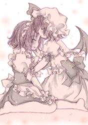  apron bad_id bat_wings blush closed_eyes forehead_kiss hat izayoi_sakuya kasuga_sunao kiss maid_headdress monochrome multiple_girls pink profile remilia_scarlet sitting smile touhou wariza wings yuri 