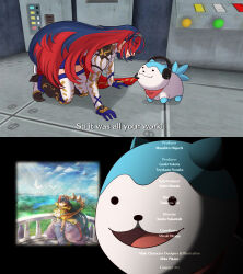  :3 :d absurdres all_fours blue_hair commentary credits deebyfeeby english_commentary english_text female_alear_(fire_emblem) fire_emblem fire_emblem_engage game_screenshot_background highres indoors long_hair multicolored_hair red_hair screenshot_background silent_hill_(series) silent_hill_2 smile sommie_(fire_emblem) split-color_hair two-tone_hair very_long_hair 