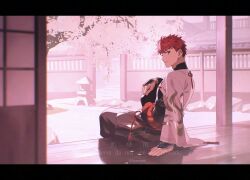  1boy architecture armor baggy_pants black_border black_pants black_tank_top border branch brown_eyes cherry_blossoms clenched_hand closed_mouth commentary_request day east_asian_architecture emiya_shirou fate/grand_order fate_(series) flower flower_knot fomnant from_behind gold_trim grass hair_between_eyes hand_on_own_knee highres japanese_armor kote kurokote long_sleeves looking_at_viewer looking_back male_focus nagatekkou on_floor outdoors pants pink_flower red_hair reflective_floor rock rope senji_muramasa_(fate) senji_muramasa_(second_ascension)_(fate) short_hair shouji shrine sitting sliding_doors smile solo spiky_hair tank_top tassel tree wide_sleeves wooden_floor 