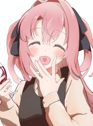  1girl absurdres black_dress black_ribbon blush bonnu closed_eyes commentary_request cup dress drink drinking_glass facing_viewer hair_ribbon heart heart_in_mouth highres holding holding_drink kamiina_botan kamiina_botan_yoeru_sugata_wa_yuri_no_hana open_mouth pinafore_dress pink_hair red_wings ribbon simple_background sleeveless sleeveless_dress smile solo two_side_up upper_body white_background wine_glass wings 