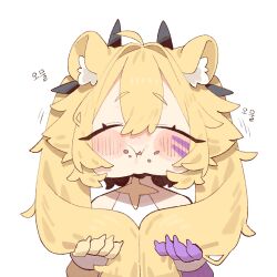  1girl ahoge animal_ear_fluff animal_ears bare_shoulders blonde_hair clear_(djmax) closed_eyes cocomayo29_(tomato) commentary_request djmax djmax_respect eating hair_between_eyes korean_commentary korean_text long_hair simple_background solo 