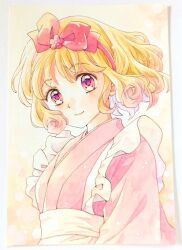  1girl apron blonde_hair bow bow_headband closed_mouth commentary_request curly_hair flower flower-shaped_pupils frilled_apron frills goma_no_sato hairband japanese_clothes kimono looking_at_viewer morisawa_kyouko painting_(medium) pink_kimono plum_blossoms red_bow red_eyes red_hairband short_hair smile solo symbol-shaped_pupils traditional_media ume-chan_(goma_no_sato) upper_body watercolor_(medium) white_apron 