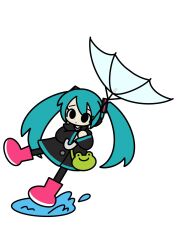  1girl animal_bag aqua_hair bag black_eyes black_pants black_raincoat blush boots burikko_kurabu_(kameyama) commentary deformed flat_color full_body green_bag hair_between_eyes hair_ornament hatsune_miku highres holding holding_umbrella hood hood_down inverted_umbrella long_hair long_sleeves pants pink_boots puddle raincoat rainwear_hatsune_miku_design_contest raised_inner_eyebrows rubber_boots shoulder_bag simple_background slipping transparent transparent_umbrella twintails umbrella untranslatable_commentary vocaloid water white_background 