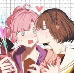  2girls ahoge anyoji_hime black_hair black_ribbon blunt_bangs blunt_ends blush bob_cut brown_dress closed_eyes commentary_request dotted_line dress drink_carton drinking_straw flower flower_knot gaming_strawberry_milk_(love_live!) grid_background hair_flower hair_ornament hair_ribbon hasu_no_sora_school_uniform heart heart_ahoge highres holding holding_drink_carton holding_milk_carton hood hood_down hooded_jacket jacket kiss kissing_cheek link!_like!_love_live! long_sleeves love_live! milk_carton momose_ginko multi-tied_hair multiple_girls neckerchief nervous_sweating open_clothes open_jacket pink_flower pink_hair pink_jacket ponytail profile ribbon sailor_collar sailor_dress school_uniform short_hair squeezing strawberry_milk surprise_kiss surprised sweat virtual_youtuber white_background white_sailor_collar winter_uniform yellow_neckerchief yuri zuisetsu 