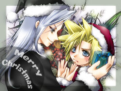  2boys alternate_costume black_coat black_hat black_santa_costume blonde_hair blue_eyes blush border christmas clenched_teeth cloud_strife coat commentary_request english_text final_fantasy final_fantasy_vii floral_background fur-trimmed_coat fur-trimmed_headwear fur_trim furrowed_brow gift green_eyes grey_hair grin half-closed_eyes hand_up hands_up hat height_difference holding holding_gift long_hair long_sleeves looking_at_another lowres male_focus merry_christmas multiple_boys no_gloves red_hat santa_costume santa_hat sephiroth shinobu_sakurazuka short_hair smile spiky_hair sweatdrop teeth upper_body white_fur 
