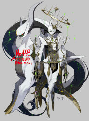 1other black_sclera coattails colored_inner_hair colored_sclera colored_skin constellation crested_hair earrings galaxy green_eyes grey_background halo hand_up harurie high_collar highres horns jewelry long_sleeves multicolored_hair partial_humanization pokemon pokemon_legends:_arceus smirk solo tailcoat v-bangs white_hair white_skin 