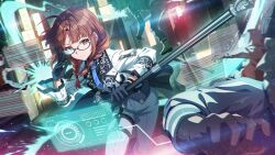 1girl akizuki_ritsuko antenna_hair black_gloves braid brown_eyes brown_hair cane card_commentary closed_mouth commentary_request game_asset glasses gloves holding holding_cane holographic_interface idolmaster idolmaster_(classic) idolmaster_million_live! idolmaster_million_live!_theater_days indoors jacket long_sleeves medium_hair official_alternate_costume official_art solo_focus standing third-party_source twin_braids white_jacket 