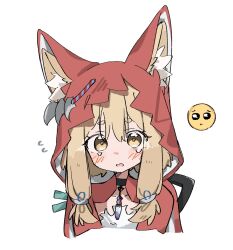  1girl animal_ear_fluff animal_ears arknights arknights:_endfield blonde_hair blush cape collarbone cropped_shoulders ears_through_hood embarrassed emoji flying_sweatdrops highres hood hood_up hooded_cape jewelry long_hair looking_at_viewer low-tied_sidelocks necklace open_mouth pleading_face_emoji red_cape rossi_(arknights) sidelocks simple_background solo tearing_up tntl_nemui tooth_necklace wavy_mouth white_background wolf_ears wolf_girl yellow_eyes 