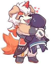  1boy 1other arknights black_boots black_coat boots closed_eyes coat commentary_request doctor_(arknights) dog_boy fangs full_body furry furry_male happy heart highres hood hood_up hug hung_(arknights) motion_blur one-hour_drawing_challenge open_mouth other_with_male pants sharktuna simple_background sweatdrop tail tail_wagging white_background white_pants 