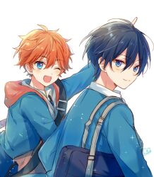  2boys ;d akehoshi_subaru arm_up bag black_hair blue_bag blue_eyes blue_jacket blush closed_mouth commentary_request ensemble_stars! hidaka_hokuto highres hood hood_down jacket looking_at_viewer looking_to_the_side messenger_bag multiple_boys one_eye_closed open_mouth orange_hair school_bag school_uniform short_hair shoulder_bag simple_background smile sparkle tamano_mayo upper_body white_background yumenosaki_school_uniform 