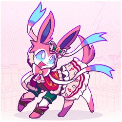  :d animal_focus ascot blue_eyes bow bright_pupils capelet clothed_pokemon fang frilled_skirt frills full_body highres hood hood_up hooded_capelet jewelry looking_at_viewer no_humans open_mouth pink_fur pokemon pokemon_(creature) pokemon_focus pokemon_unite red_capelet ribbon simple_background skirt skyumbreon smile solo standing sylveon sylveon_(sweet) two-tone_fur white_fur white_pupils wrist_cuffs yellow_ascot yellow_skirt 
