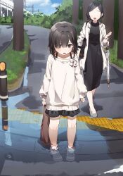  2girls absurdres age_difference bag black_eyes black_hair black_skirt blue_sky blush clouds commentary_request day faceless faceless_female highres holding holding_bag holding_umbrella long_sleeves looking_down mother_and_child mother_and_daughter multiple_girls open_mouth original outdoors parent_and_child pink_shoes shirt shoes short_hair skirt sky umbrella wet wet_clothes wet_socks white_shirt yukie_(kusaka_shi) 