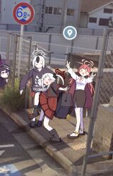  4girls ;d absurdres aru_(blue_archive) bag black_hoodie black_skirt blue_archive blush_stickers closed_eyes closed_mouth commentary_request double_v full_body google_maps google_street_view halo haruka_(blue_archive) high_school_girls_posing_for_google_street_view_(meme) highres hood hoodie kayoko_(blue_archive) looking_at_viewer meme multiple_girls mutsuki_(blue_archive) one_eye_closed open_mouth outdoors photo_background pink_eyes pointy_ears problem_solver_68_(blue_archive) purple_hair red_skirt shoulder_bag skirt smile standing standing_on_one_leg urode v violet_eyes white_hair 