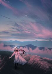  1girl absurdres baseball_cap black_hair blue_archive cloak commentary floating_hair glowing glowing_halo halo hat highres kani_etizen03 long_hair mountain saori_(blue_archive) scenery sky solo standing white_cloak 