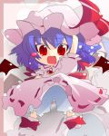  arm_up blue_hair blush_stickers chibi hat oka_(artist) oka_(bananashoe) open_mouth outstretched_arm red_eyes remilia_scarlet ribbon ribbons smile touhou wings zoom_layer 