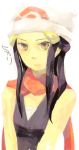  beanie black_hair brown_eyes hat hikari_(pokemon) lowres pokemon scarf simple_background solo white_background 