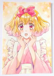  1girl :o apron blonde_hair bow bow_hairband commentary_request curly_hair flower flower-shaped_pupils frilled_apron frills goma_no_sato hairband hands_up highres japanese_clothes kimono looking_at_viewer morisawa_kyouko open_mouth painting_(medium) pink_bow pink_hairband pink_kimono plum_blossoms red_eyes short_hair solo star_(symbol) symbol-shaped_pupils teeth traditional_media ume-chan_(goma_no_sato) upper_body upper_teeth_only watercolor_(medium) white_apron wide_sleeves 