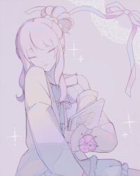  1other :3 absurdres akiyama_mizuki amid_the_wavering_light_(project_sekai) blue_camisole blue_shorts camisole cardigan cardigan_partially_removed closed_eyes closed_mouth collarbone commentary cowboy_shot drill_hair drill_sidelocks frilled_camisole frilled_cardigan frills hair_bun hair_ornament hair_scrunchie hair_up highres holding holding_sketchbook lace_background lips official_alternate_costume official_alternate_hairstyle oogypng open_cardigan open_clothes other_focus pastel_colors pink_background pink_hair pink_ribbon project_sekai ribbon scrunchie shorts sidelocks single_bare_shoulder single_hair_bun sketchbook solo sparkle upper_body yellow_cardigan yellow_scrunchie 