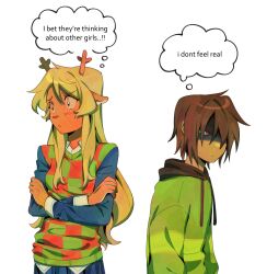  1girl 1other absurdres animal_ears antlers black_eyes black_hood black_shirt blonde_hair brown_hair checkered_sweater_vest collared_shirt commentary crossed_arms deer_antlers deer_ears deer_girl deltarune english_commentary english_text furry furry_female goomyloid green_sweater green_sweater_vest hair_over_one_eye highres horns i_bet_he's_thinking_about_other_women_(meme) kris_(deltarune) long_hair looking_to_the_side meme noelle_holiday red_eyes shirt short_hair speech_bubble sweater sweater_vest thought_bubble utdr_(toby_fox) white_shirt 