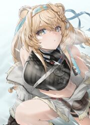  1girl absurdres animal_ears arknights bandana bare_shoulders bead_necklace beads bear_ears bear_girl belt_bag black_gloves black_shirt blonde_hair blue_bandana braid breasts closed_mouth commentary_request crop_top dot_mouth feet_out_of_frame fur-trimmed_jacket fur_trim gloves grey_background highres jacket jewelry knee_up landl large_breasts long_hair midriff navel necklace outdoors partially_open_jacket shirt simple_background sleeveless sleeveless_shirt snow_hunter_(arknights) snowing solo striped_clothes striped_shirt thigh_strap twin_braids vertical-striped_clothes vertical-striped_shirt white_eyes white_jacket yellow_pupils 