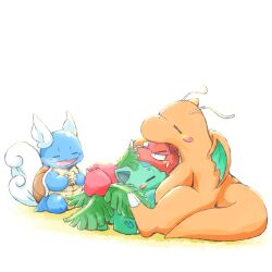  blush_stickers charmeleon commentary_request cup dragonite fangs full_body highres hug ivysaur kinakomochi_(kazuna922) no_humans open_mouth pokemon pokemon_(creature) simple_background sleeping steam sweatdrop wartortle white_background yunomi 