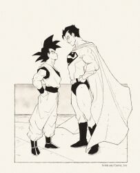  2boys alejandro_gonzalez black_hair bodysuit cape commentary crossover dc_comics dougi dragon_ball dragon_ball_z english_commentary height_difference highres lineart male_focus monochrome multiple_boys muscular muscular_male pectorals print_bodysuit saiyan short_hair smile son_goku spiky_hair stare_down superhero_costume superman superman_(series) superman_logo 