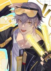  ! !! 1boy between_fingers black-framed_eyewear black_gloves black_jacket blank_speech_bubble caelus_(honkai:_star_rail) checkered_background collarbone commentary cropped_torso dual_wielding eyelashes eyeshadow fingerless_gloves fingernails gloves goggles goggles_on_head grey_hair hair_between_eyes hands_up highres holding holding_sword holding_weapon honkai:_star_rail honkai_(series) hood hooded_jacket jacket lapels long_sleeves looking_at_viewer makeup male_focus open_clothes open_jacket open_mouth red_eyeshadow shirt short_hair smile solo speech_bubble star_(symbol) sword t-shirt takoyaki_(ct_esb) tassel teeth tinted_eyewear tongue trailblazer_(honkai:_star_rail) two-sided_fabric two-sided_jacket two-tone_background upper_body v-shaped_eyebrows weapon white_background white_shirt yellow-tinted_eyewear yellow_background yellow_eyes yellow_jacket 