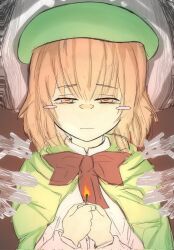  1girl black_souls blush bow bowtie brown_eyes brown_hair cloak elma_(black_souls) fire futobahh green_cloak highres holding_matchstick light_blush light_smile matches shirt short_hair white_shirt 