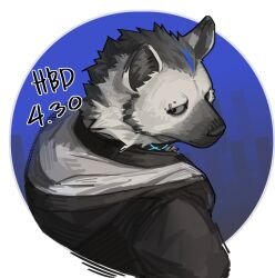  1boy arknights black_hair black_jacket closed_mouth dated eyebrow_piercing face_piercing furry furry_male grey_fur happy_birthday highres hyena_boy hyena_ears infection_monitor_(arknights) jacket looking_at_viewer looking_back multicolored_hair open_mouth piercing spot_(arknights) streaked_hair tou_(o_tout0) 