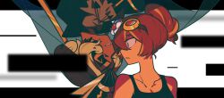  2girls absurdres alternate_hair_length_(shorter) arms_at_sides ascot bare_shoulders black_eyes black_shirt black_tank_top blonde_hair blurry blurry_background blurry_foreground breasts brown_ascot brown_hair clenched_teeth collarbone commentary_request cookie_run cookie_run:_ovenbreak croissant_cookie curly_hair dark-skinned_female dark_skin double-parted_bangs dual_persona eyepatch film_grain from_side goggles goggles_on_head grin hair_between_eyes hair_bun highres humanization letterboxed looking_at_another multicolored_hair multiple_girls official_alternate_costume official_alternate_hairstyle omoyu_(nakyu715) one_eye_covered orange_streaks outside_border parted_lips profile rectangle red-tinted_eyewear round_eyewear shirt short_hair sidelocks simple_background single_hair_bun small_breasts smile streaked_hair tank_top teeth timekeeper_cookie timekeeper_cookie_(ruler_of_the_ephemeral_flow) tinted_eyewear tsurime turning_head two-tone_hair upside-down white_background yellow-framed_eyewear 