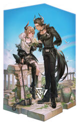  1boy 1girl 2019 absurdres animal_ears arknights arm_behind_back artist_name belt belt_buckle belt_pouch bird black_pants black_shoes black_thighhighs bouquet broken_horn brown_eyes brown_hair buckle bug butterfly chain choker commentary cow_ears cow_horns cross-laced_shoes cyborg daisy_(flower) diorama earrings english_commentary english_text facial_mark flower foot_dangle hammer hetero highres holding holding_flower hood hooded_jacket hoop_earrings horns jacket jewelry kneehighs leather leather_jacket light_smile long_sleeves looking_at_another matterhorn_(arknights) mechabare mechanical_legs miniskirt moss mullet nunok off_shoulder open_clothes open_jacket pale_skin pants pouch rainbow red_eyes shoes short_hair single_mechanical_leg sitting skirt socks standing tail thigh-highs thigh_strap title vase vulcan_(arknights) war_hammer weapon white_jacket 