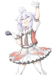  1girl ahoge akara_kai blush buttons closed_eyes commentary_request cosplay cowboy_shot double-breasted gloves hair_bun hair_ornament highres idol_clothes kantai_collection microphone naka_(kancolle) naka_(kancolle)_(cosplay) naka_kai_ni_(kancolle) naka_kai_ni_(kancolle)_(cosplay) open_mouth original school_uniform serafuku short_hair short_sleeves skirt solo violet_eyes white_background white_gloves 