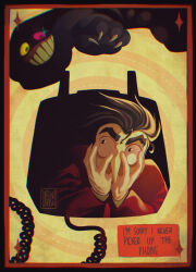 1boy 1other artist_logo artist_name bags_under_eyes black_border black_eyes black_hair border card_(medium) cat chromatic_aberration claws colored_sclera colored_skin commentary concentric_circles corded_phone covered_mouth covering_own_mouth darkokrash deltarune dotted_line double_exposure english_commentary english_text film_grain friend_(deltarune) glint gloves grid_teeth grin hair_slicked_back hands_on_own_face hands_up highres jacket logo long_nose long_sleeves looking_at_another looking_to_the_side looking_up loose_hair_strand lyrics mismatched_irises no_ears no_pupils phone pink_sclera pointy_nose red_jacket short_hair sideways_glance silhouette smile spamton_g._spamton spamton_g._spamton_(big_shot) sparkle spoilers thick_eyebrows utdr_(toby_fox) white_gloves white_skin wide-eyed yellow_background yellow_sclera 