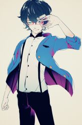  1boy animal_print arm_at_side bat_print black_pants blue_jacket bright_pupils buttons cellphone closed_mouth collared_shirt commentary_request contrast_collar cowboy_shot floating_clothes gatchaman_crowds glasses green_eyes hair_between_eyes hand_up holding holding_phone jacket male_focus maya_(108580) ninomiya_rui open_clothes open_jacket pants phone print_jacket red-framed_eyewear shirt shirt_tucked_in short_hair sidelocks smartphone solo standing suspender_pants three-quarter_sleeves tsurime two-sided_fabric two-sided_jacket upturned_eyes white_background white_pupils white_shirt 