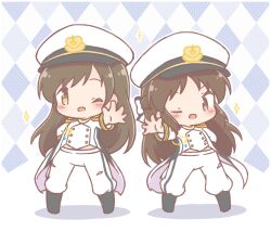  2girls ;d argyle_background black_boots blush boots brown_eyes brown_hair chibi commentary_request hat highres idolmaster idolmaster_cinderella_girls jacket long_hair long_sleeves mitarashi_neko multiple_girls nitta_minami one_eye_closed outstretched_arm pants peaked_cap seizon_honnou_valkyria_(idolmaster) shadow smile sparkle standing tachibana_arisu torn_clothes torn_pants very_long_hair white_hat white_jacket white_pants 